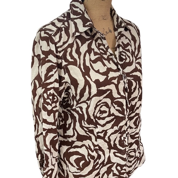 PECK & PECK WEEKEND BROWN FLORAL BUTTON BLOUSE - Picture 2 of 4